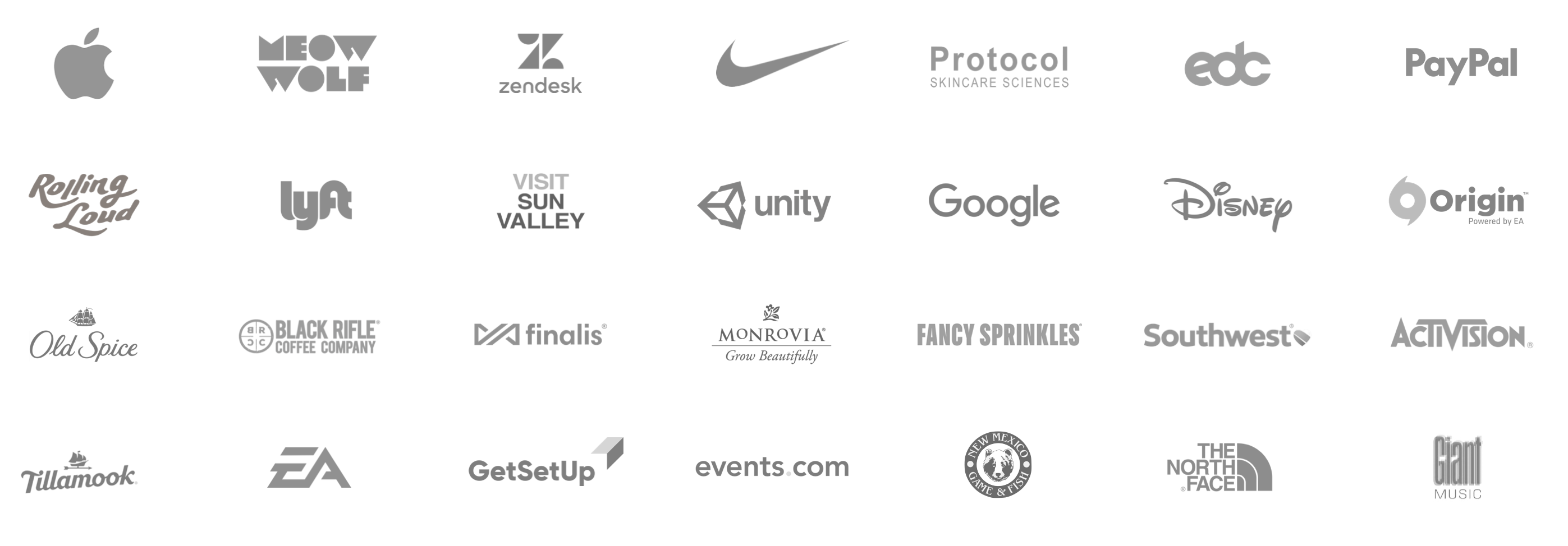 A grid of logos for brands we've worked with across our careers, including Apple, Meow Wolf, Zendesk, Nike, EDC, PayPal, Rolling Loud, Lyft, Visit Sun Valley, Unity, Google, Disney, Old Spice, Black Rifle Coffee, Fancy Sprinkles, Southwest, Activision, Tillamook, EA, events.com, The North Face, and others.