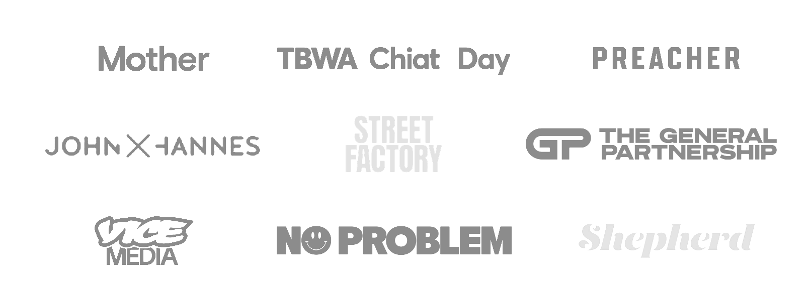 A grid of logos for partner agencies and studios Stepchild collaborates with.